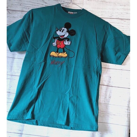 VTG Mickey INC Walt Disney T-shirt Men Unisex Green Applique Short Sleeve SizeXL - Picture 2 of 12